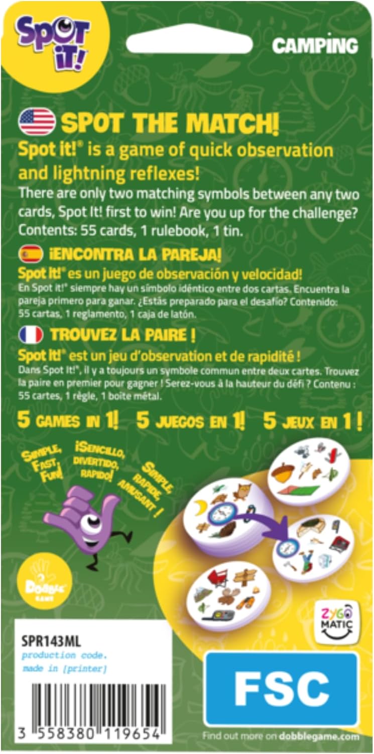 Asmodee Spot It! Camping Card Game (2024 Refresh) - Eco-Blister Edition, 5-in-1 Visual Perception Game for Quick Reflexes and Family Fun, Ages 6+, 2-8 Players, 10 Minute Playtime