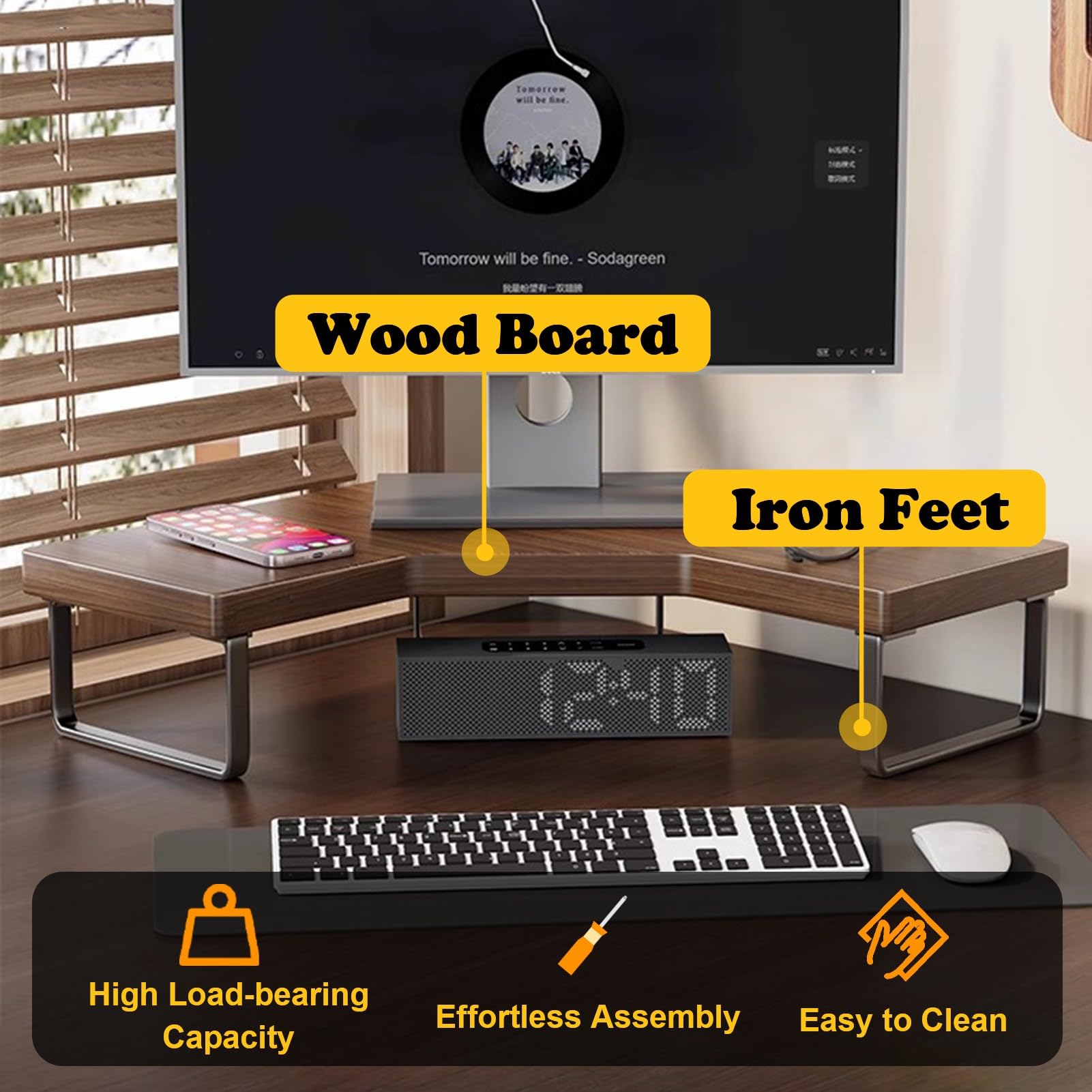 Supporto Monitor Supporto per Monitor da Scrivania in Legno con Piedini in Ferro, Rialzo per Computer, Rialzo per Monitor Ergonomico, Ripiano per La Scrivania Dell'ufficio Domestico