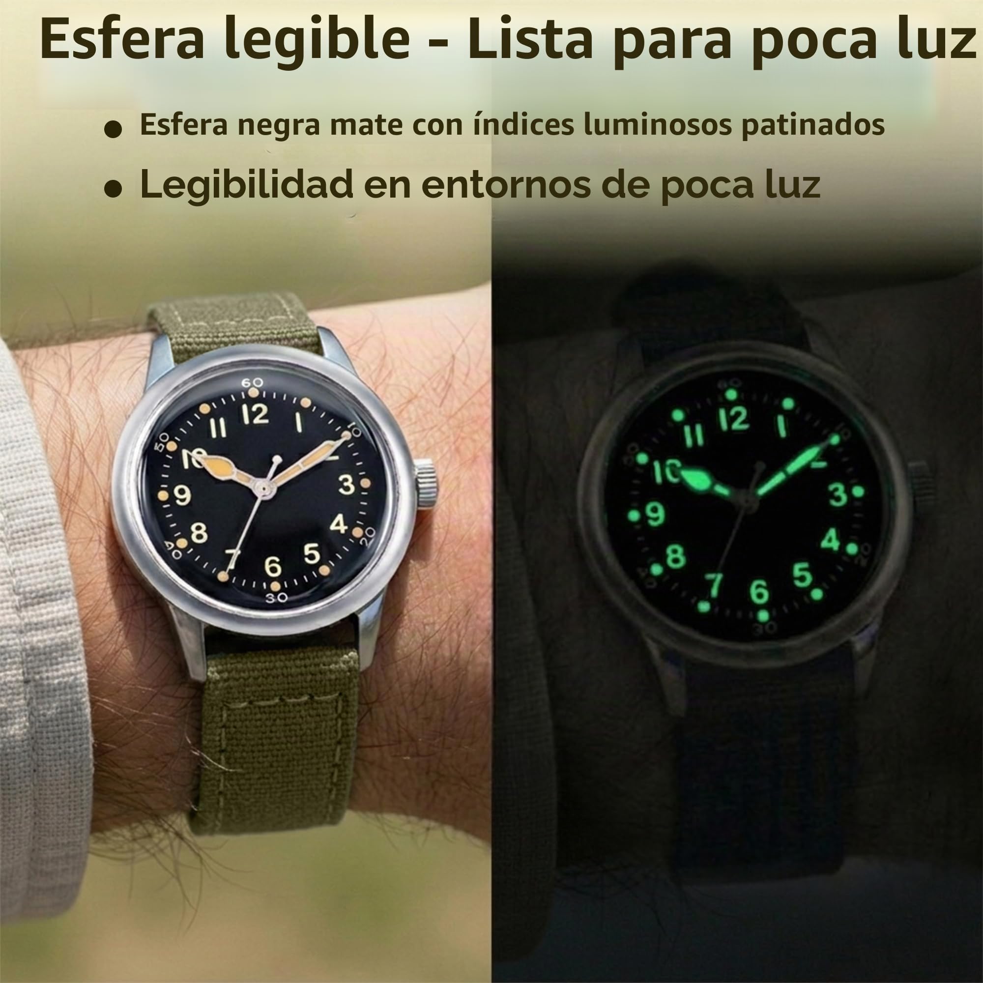 PRAESIDUS | Reloj de Servicio A-11 (Edición Tom Rice) - Relojes para Hombres - A11 Militar - Vidrio acrílico, caraguilla Negra de 38mm y Correa de Lona Verde - Montado en EE.UU., WW2