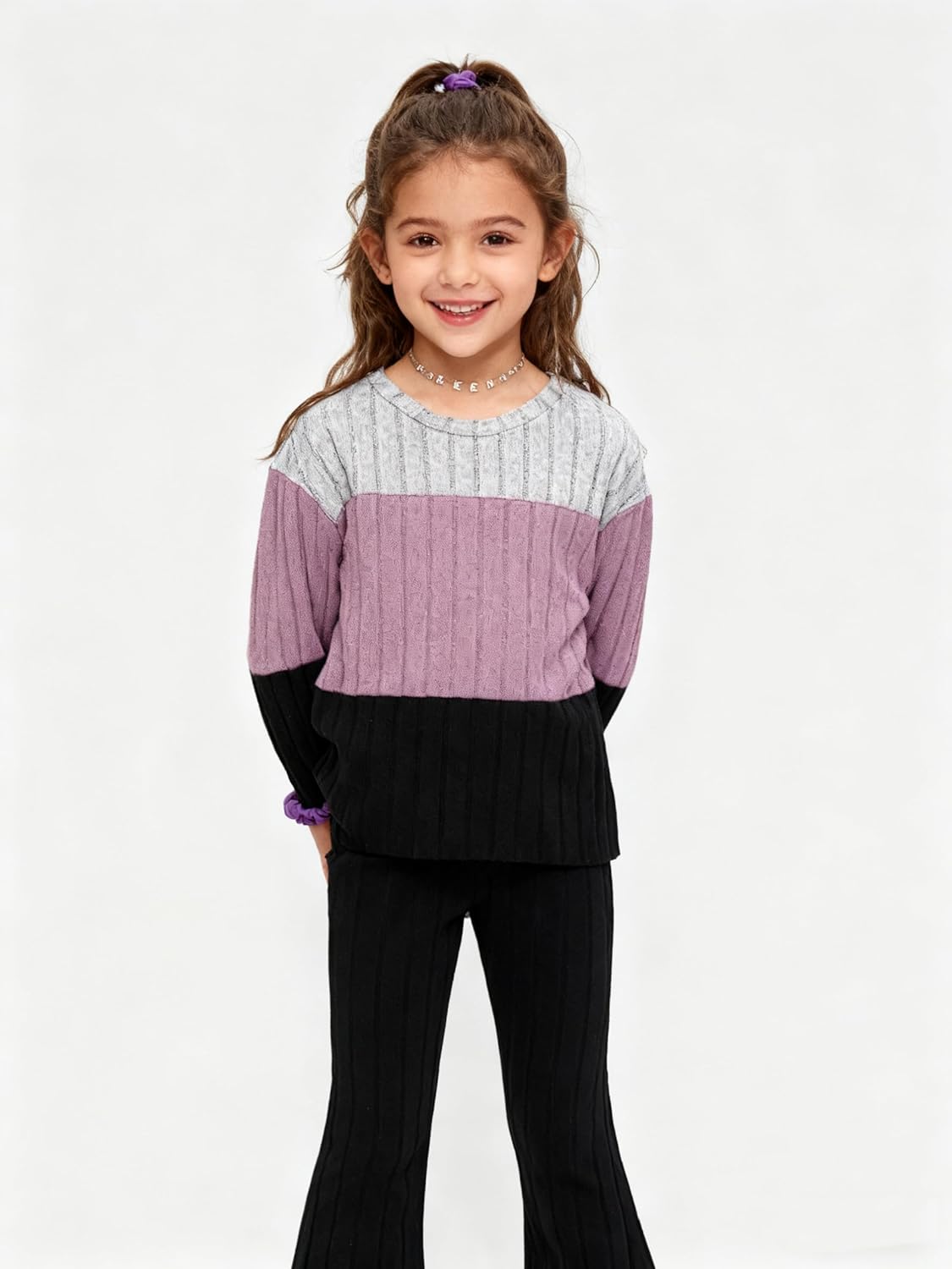 Toddler Girls Clothes Ribbed Color Block Pullover Tops + Flare Pants Set Fall Outfits - Image 2