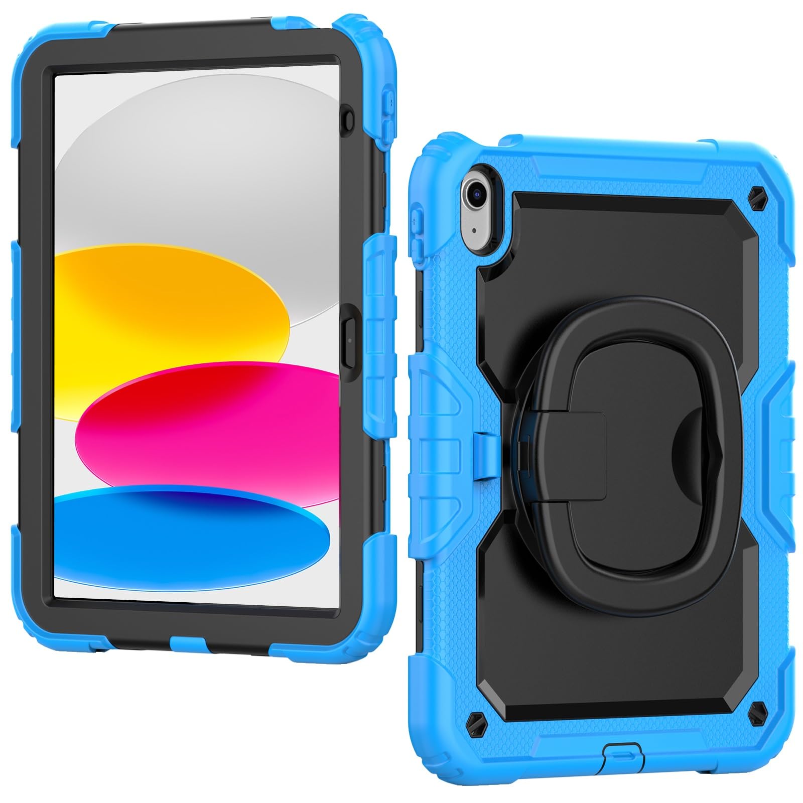 Kompatybilny z etui iPad 10. generacji,9 cala 2022 folią ochronną ekranu, wytrzymała, pełna obudowa ochronna, obrotowy uchwyt silikonowy(Light blue)