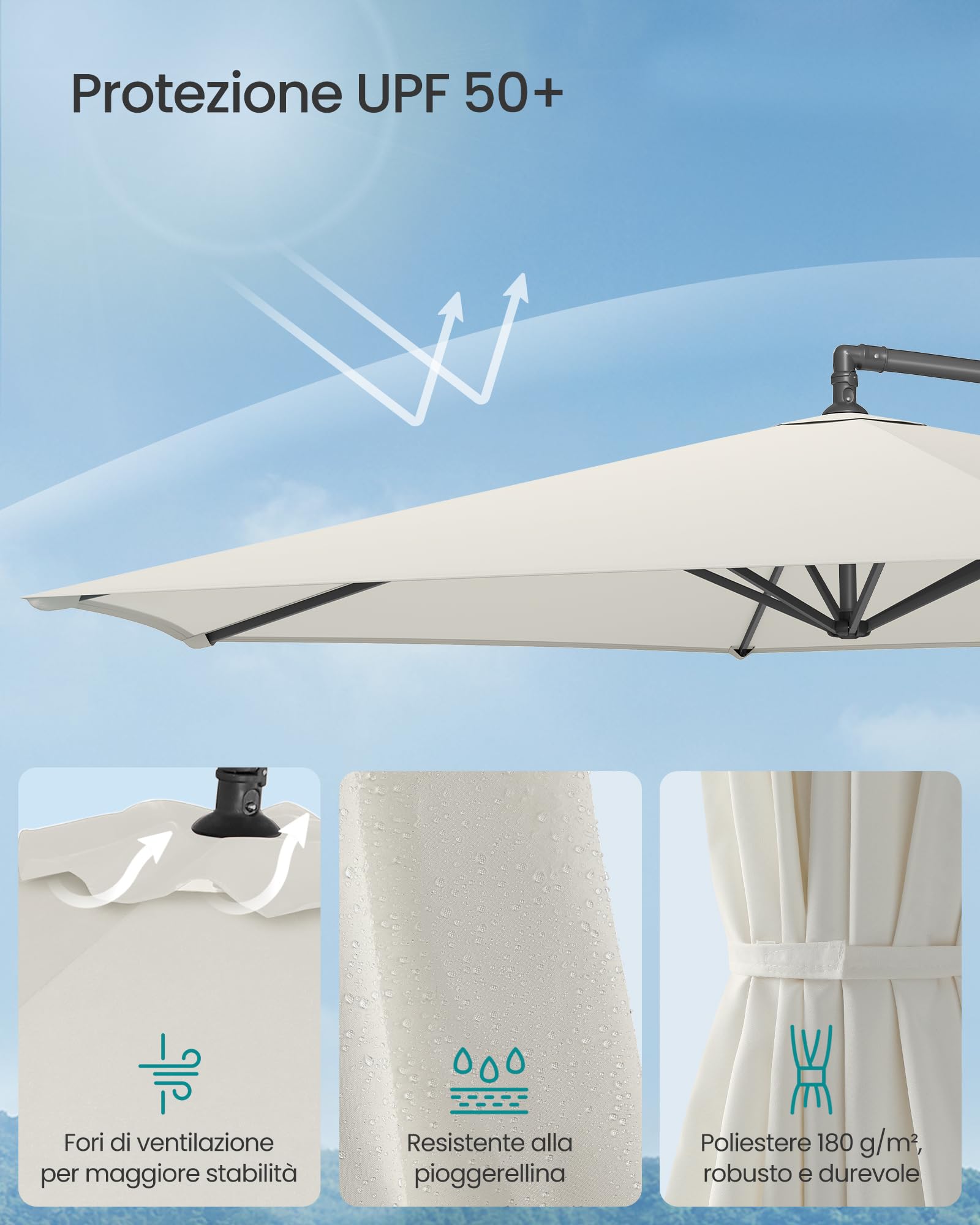 SONGMICS Ombrellone a Braccio, Ombrellone da Balcone con Base, Protezione Solare, Anti UV UPF 50+, con Manovella per Apertura e Chiusura, per Terrazza, Giardino