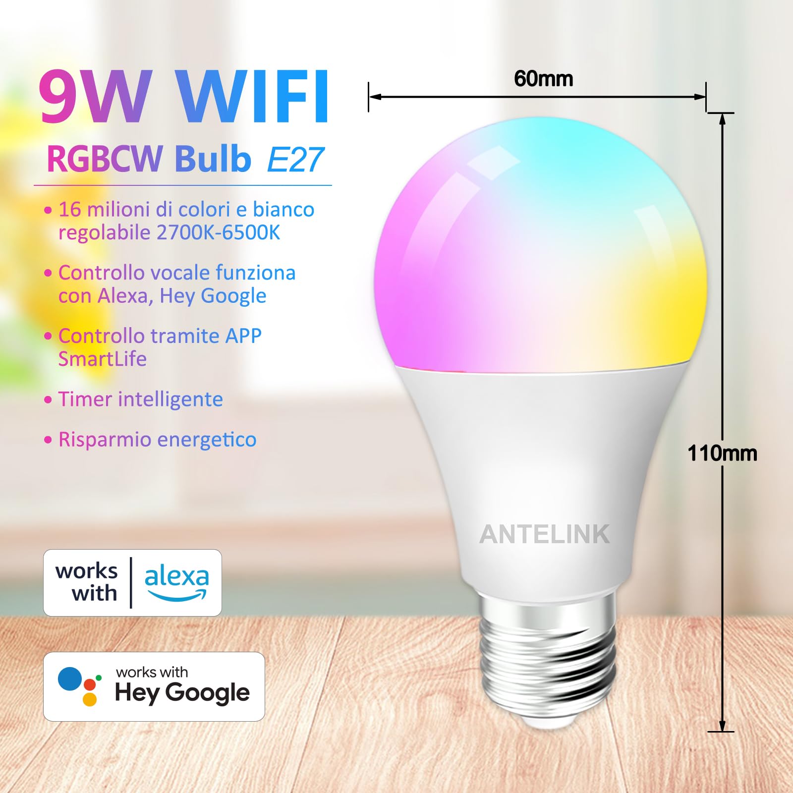 Antelink Lampadina Wifi Smart LED Dimmerabile RGB 9W 806lm Compatibile con Alexa Google Home, Bianco Freddo Caldo 2700K~6500K Tuya APP, 4 Pz