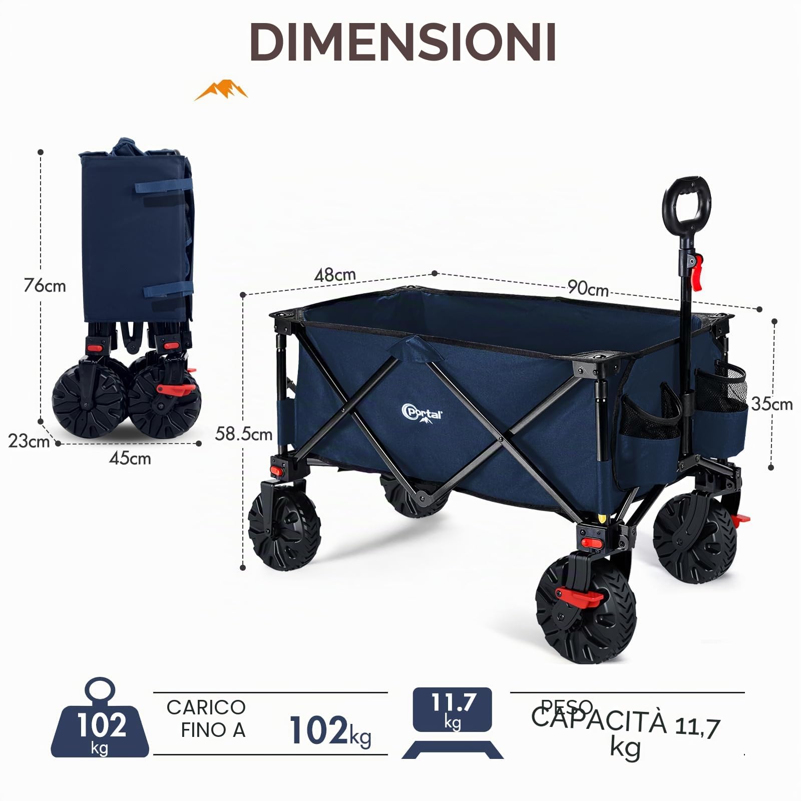 Portal Carro da spiaggia pieghevole, resistente, di grande capacità con ruote per tutti i terreni, carretto portatile per campeggio, giardino, shopping, generi