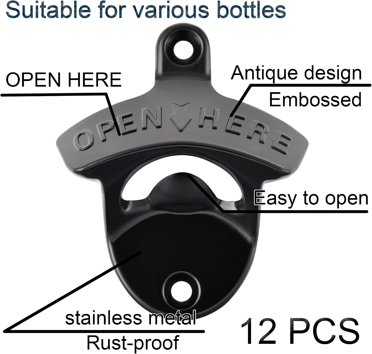 Stainless Wall Mounted Beer Bottle Opener Black, 12 PCS image 2
