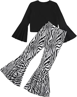 Girl's Two Piece Outfits Ruffle Long Sleeve Tee and Zebra Striped Flare Pants Set