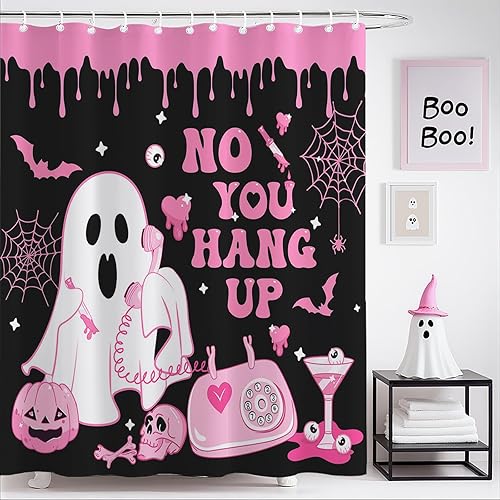 Mocsicka Juego de cortinas de ducha de Halloween con cara de fantasma, estilo curciano, estilo gótico, juego de cortina de ducha de terror rosa con