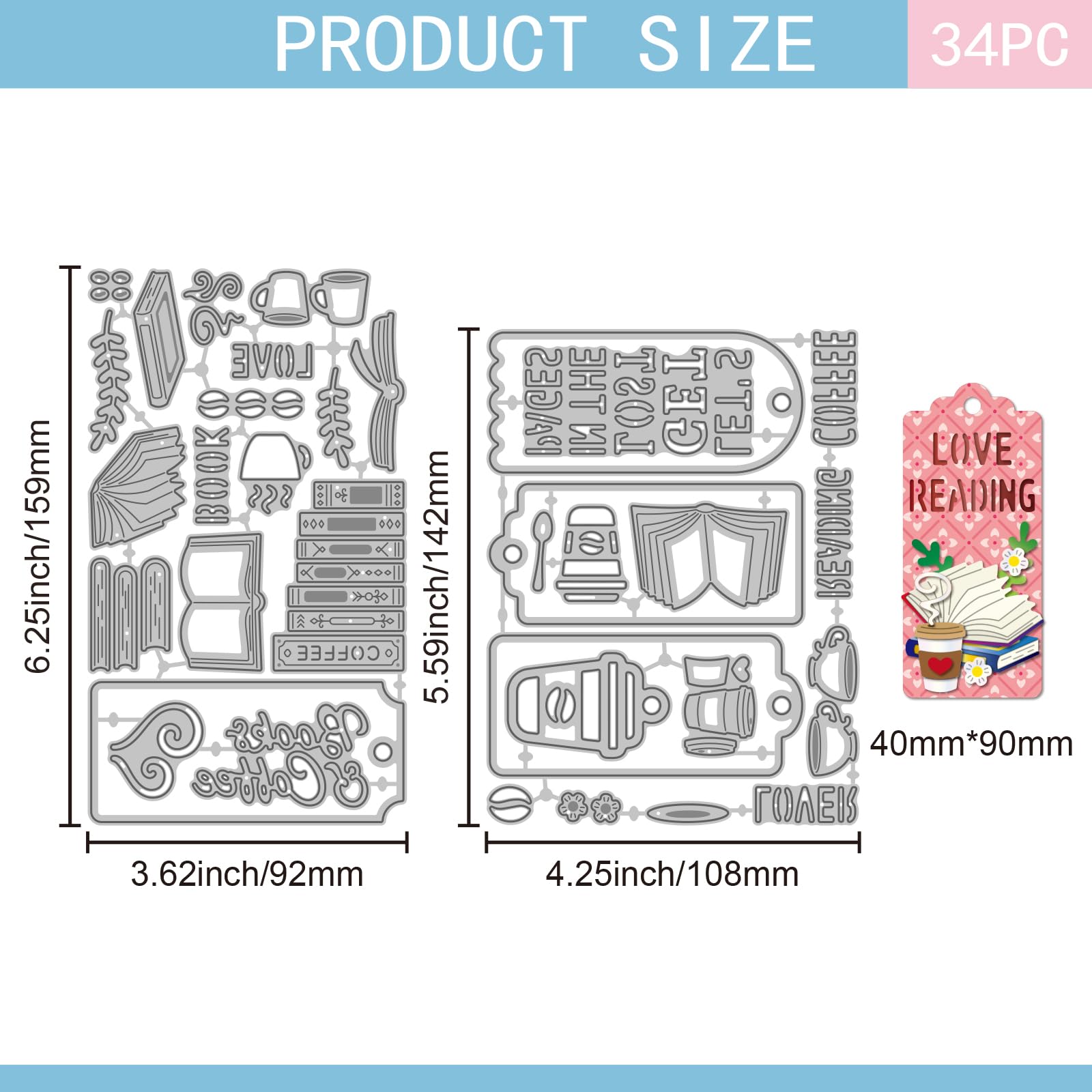 GLOBLELAND Coffee Reading Hollow Bookmark Cutting Dies Books Coffee Metal Die Cuts Label Frame Cutting Embossing Templates for Scrapbooking Crafts Paper Cards Making - Image 2