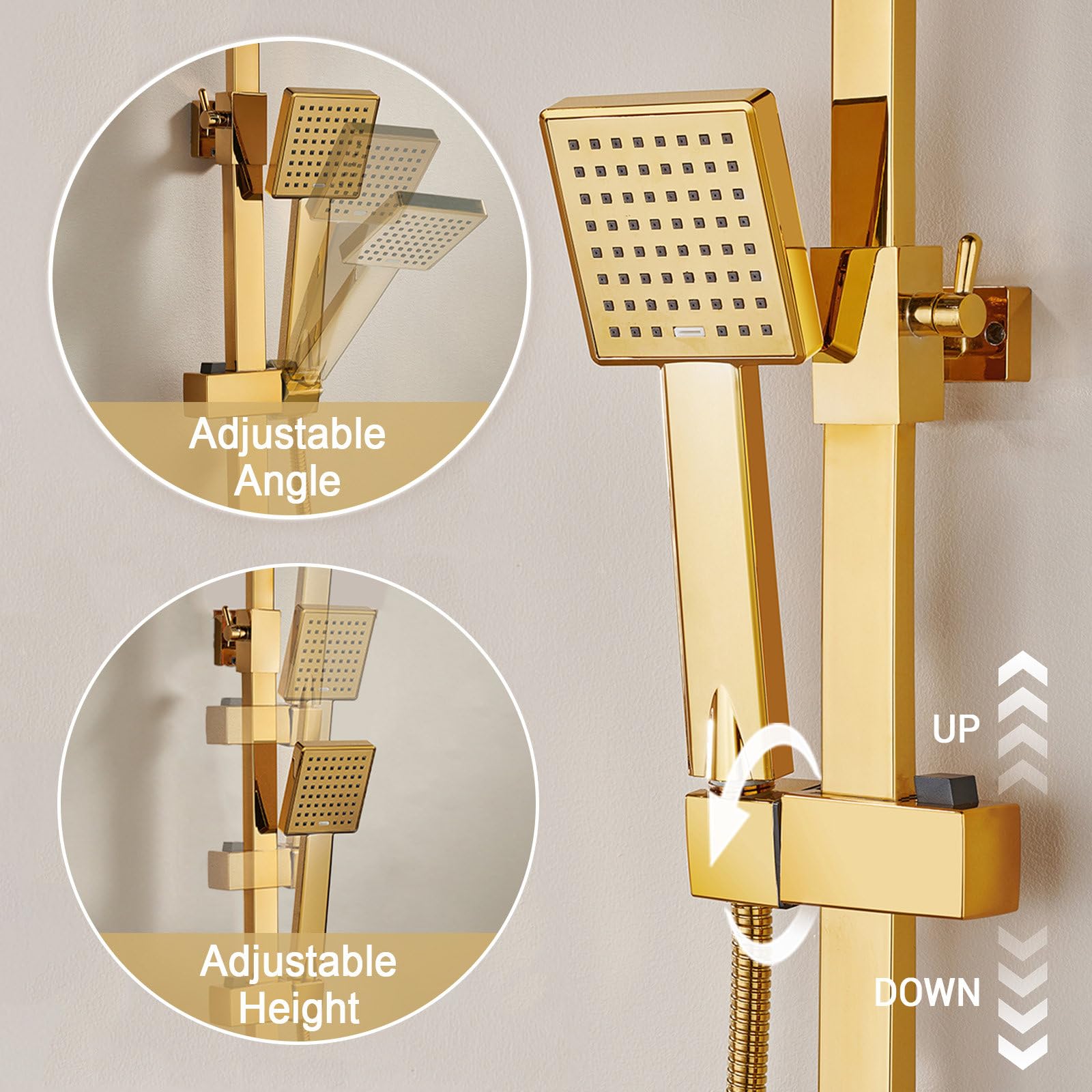 Columna Ducha, Columna de Ducha Oro Cepillado 4 in 1,Sistema de Ducha Latón | Conjunto de Ducha con Ducha de Techo de 225mm, Ducha de Mano, Grifo de Bañera y Ducha Higienica, Altura y Ángulo Ajustables