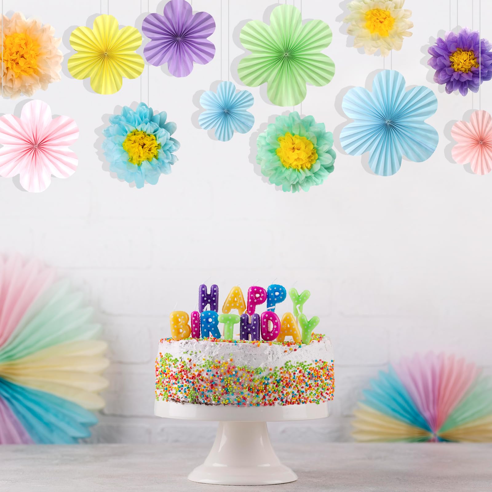 15 abanicos de papel de flores de papel azul y amarillo, flores de papel de seda para decoración de fiesta para graduación, cumpleaños, baby shower, boda, compromiso, decoración de pared (azul