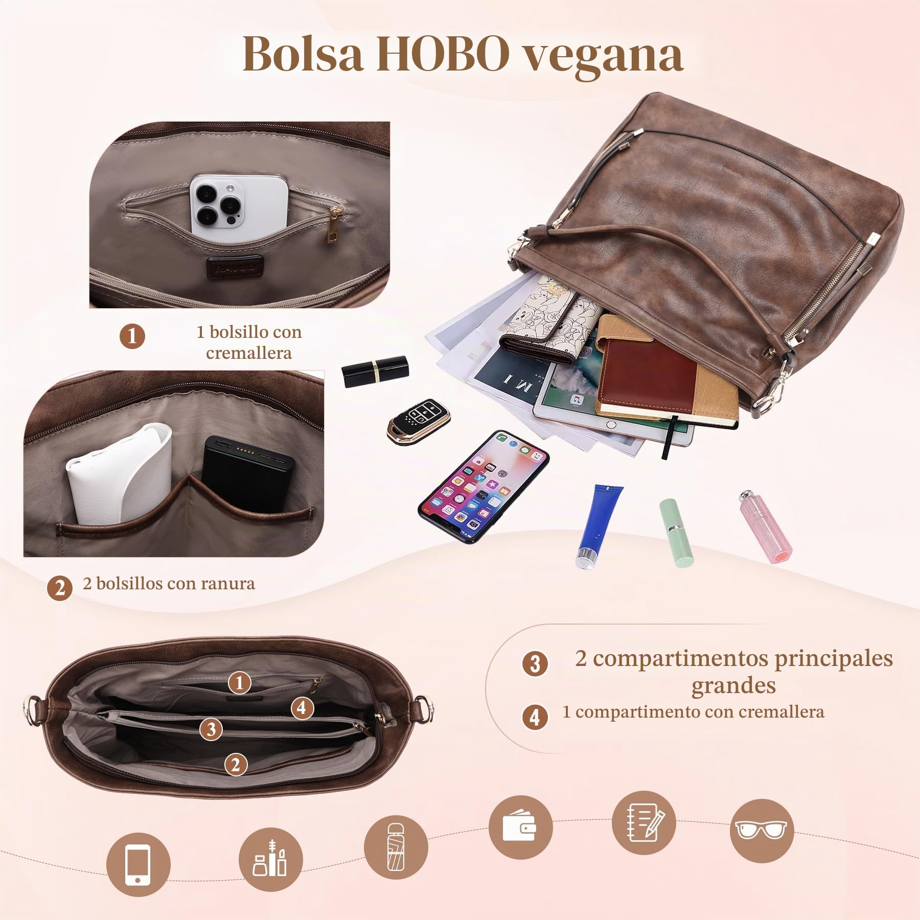 RAVUO Bolso Mujer, Bolso Bandolera Grande de Cuero Pu Elegante Bolso de Mano con 1 Correa Ajustable Casual Bolsa Tote 2pcs