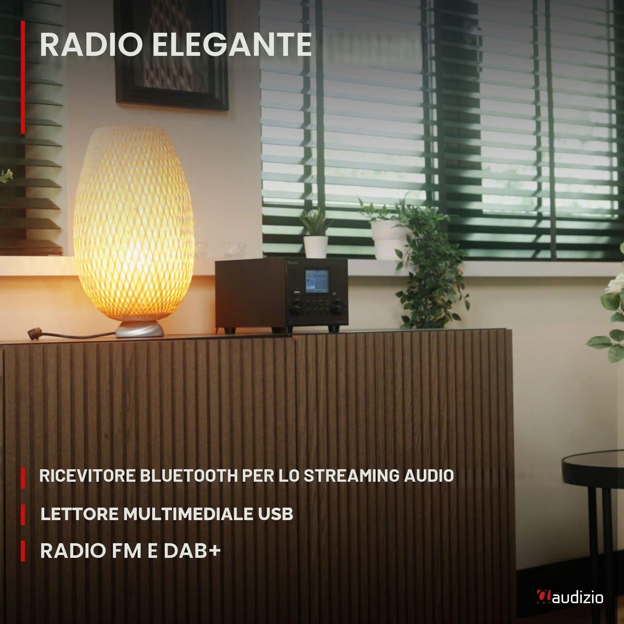 Audizio Vieste - Radio DAB+ con Bluetooth, subwoofer 60 W, FM, USB MP3, ingresso AUX, doppia sveglia, telecomando, design moderno e compatto, colore nero