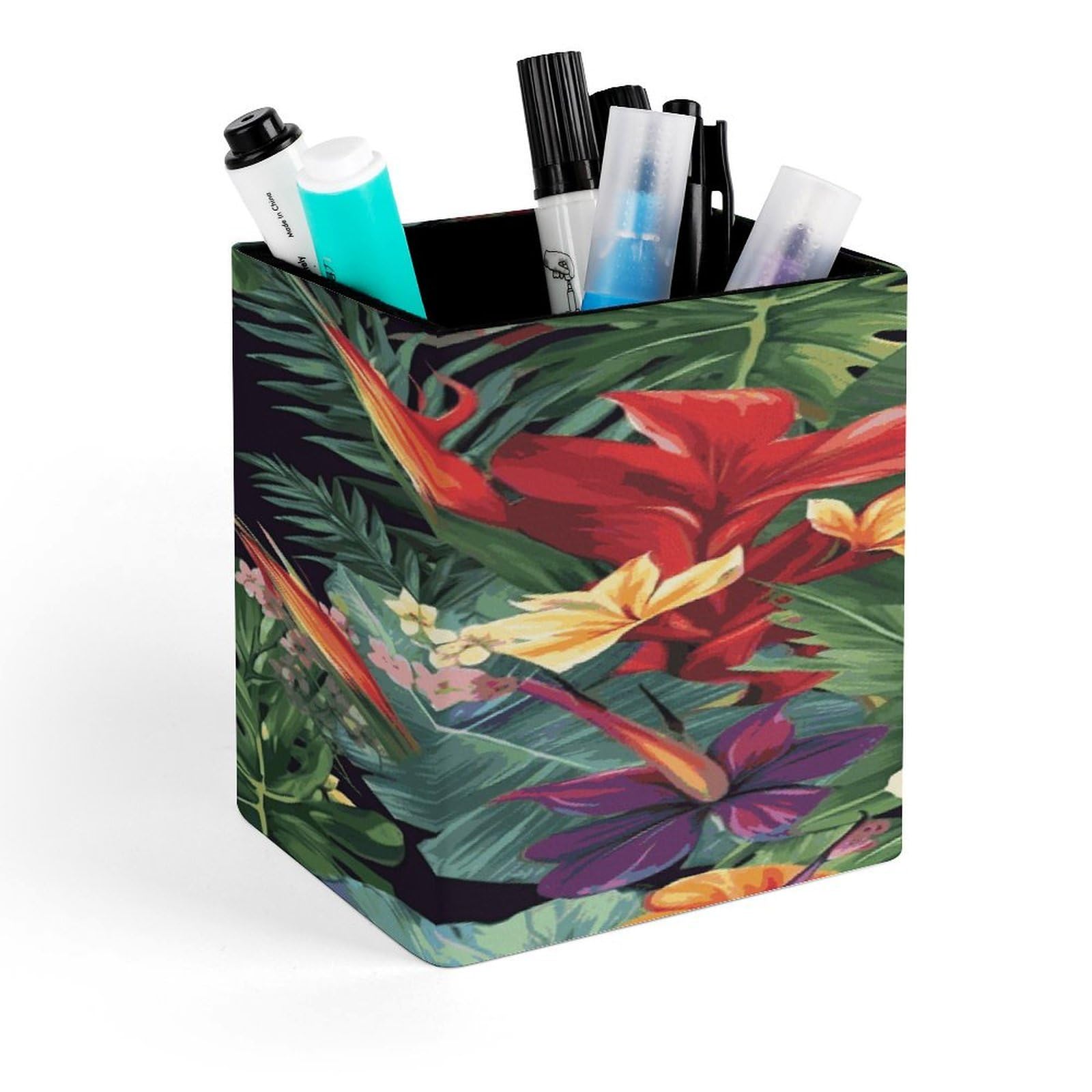 FekiLoot Tropical Plant Flowers Pencil Holder for Desk Square Leather Pen Holder Cup Desktop Organizer Multi-Functional Pencil Cup Holders Modern Decorative Desk Organizer Caddy Makeup Brush Holders