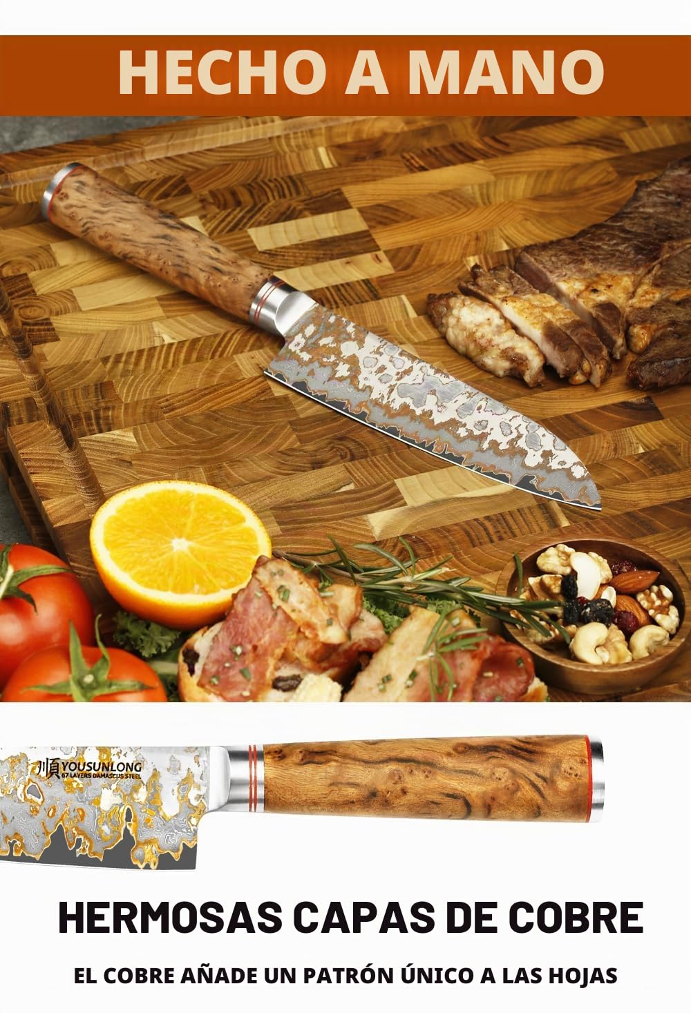 YOUSUNLONG Cuchillos de Chef Damasco - Hoja de Acero Damasco Cobreado de 168mm hecho a mano en Japón - Cuchillo de Cocina Profesional Afilado como una Navaja - Mango de Madera Naturel Burl con Cuero