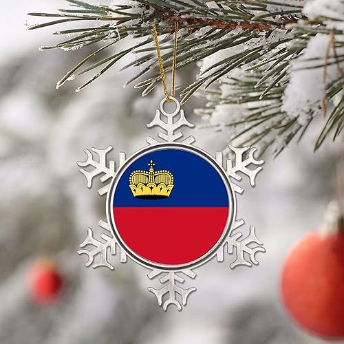 Miniatura 4 de Bandera nacional de peltre y copo de nieve, adornos de Navidad de la bandera de Liechtenstein, adornos para colgar en el árbol de Navidad,