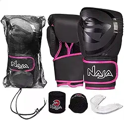 Luva de Boxe e Muay Thai Naja Black Line - 1 Par de luva + 1 Par de Bandagem Elástica + 1 Protetor Bucal
