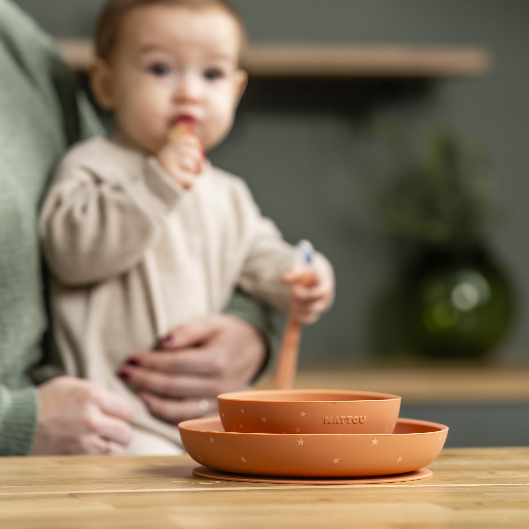 Nattou Vaisselle en Silicone pour Enfants, Set Repas 3 Pièces, 1 Cuillère, 1 Assiette, 1 Bol, Antidérapants, sans BPA, Vegan, Silicone, Motif Terracotta