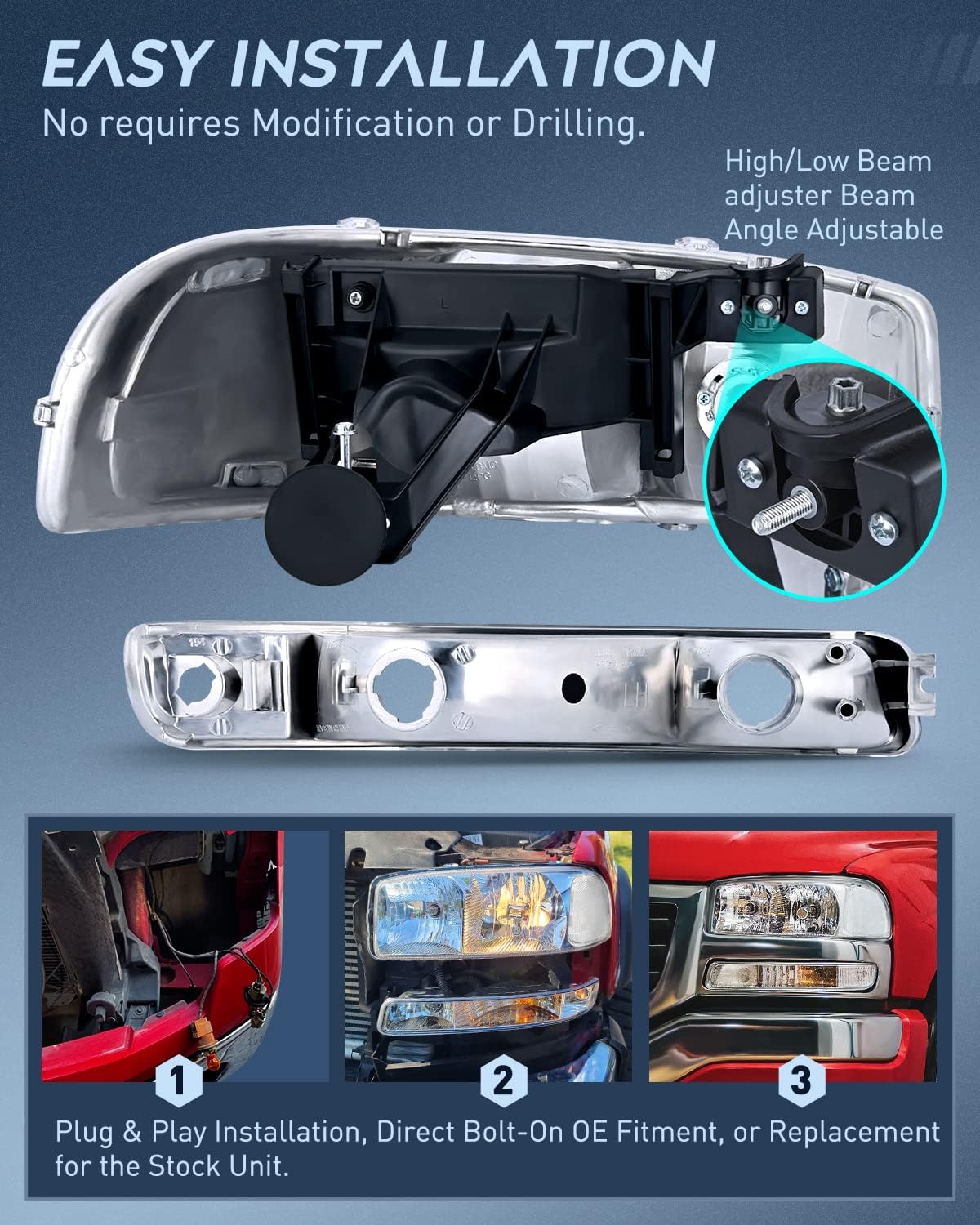 Nilight Headlight Assembly Compatible for 1999 2000 2001 2002 2003 2004 2005 2006 GMC Sierra Yukon, Chrome Housing Clear Corner Clear Lens, Headlights Assembly Replacement
