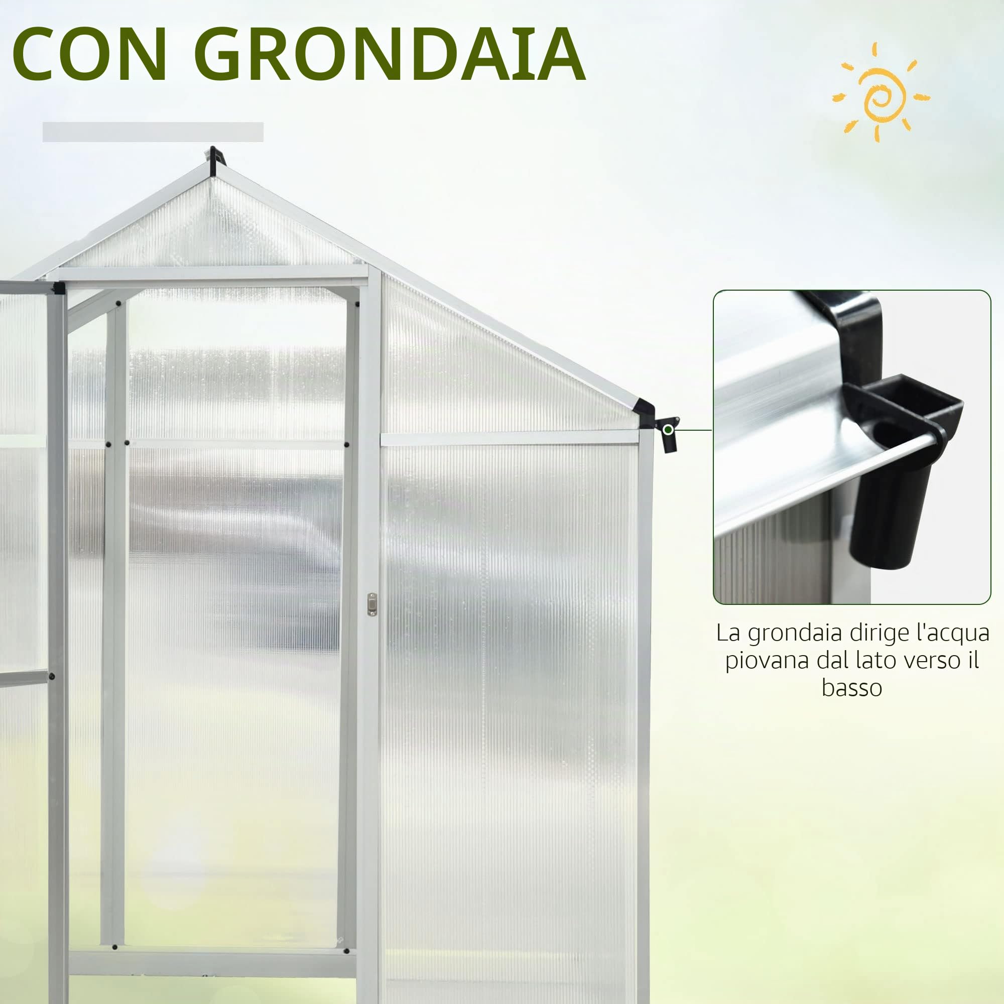 Outsunny Serra da giardino 3 x 2 m Alluminio Policarbonato 5,5 m² Fondazione Lucarne Porta fermo