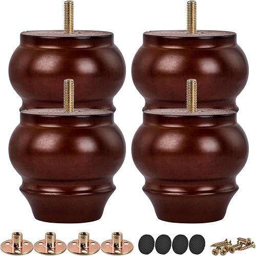 Patas de madera para muebles de 4 pulgadas 3.5 in, paquete de 4 patas de repuesto de madera maciza marrón con pernos de suspensión M8 y tuercas en