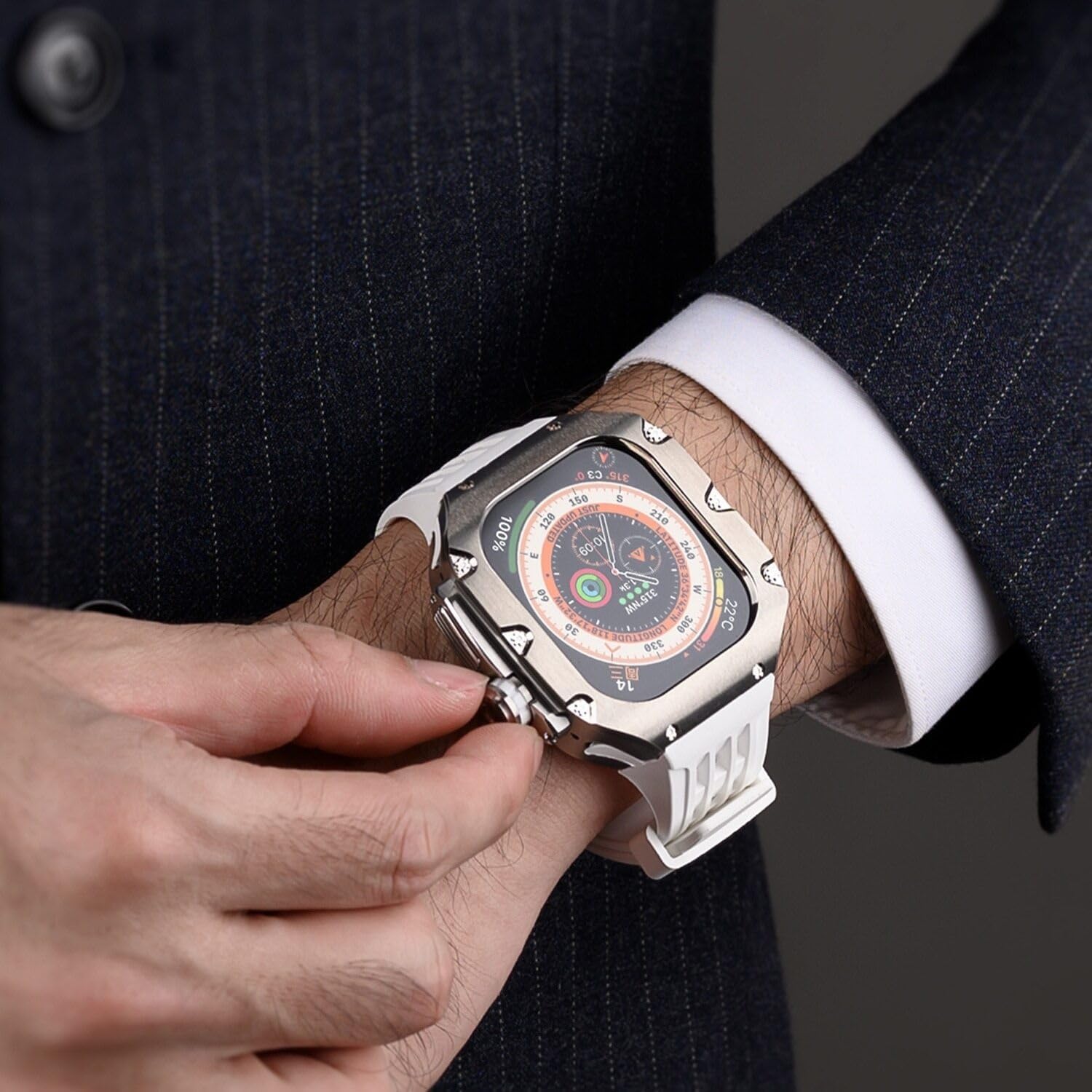 Tytanowa metalowa obudowa do zegarka, gumowa opaska, zestaw modów, do Apple Watch Series Ultra 2 49 mm, akcesoria zastępcze, mężczyźni kobiety styl Rm etui do zegarka, zestawy modyfikacji paska