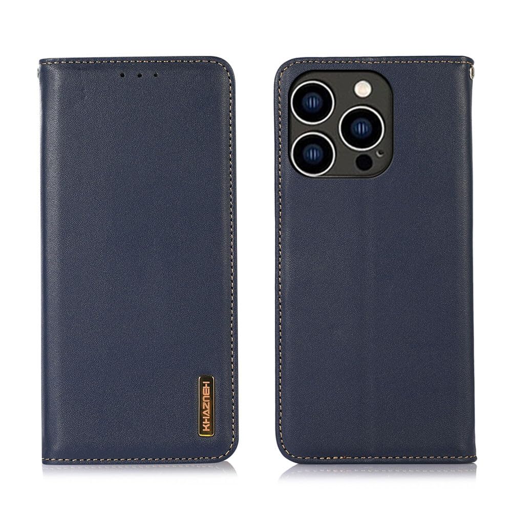 Protection iPhone 15 Pro Max cuir véritable bleu étui portefeuille - 8
