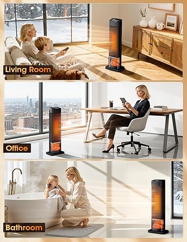 Miniatura 7 de Manastin Calentador eléctrico de 24 pulgadas para uso en interiores, calentador de espacio oscilante con control remoto, efecto chimenea,