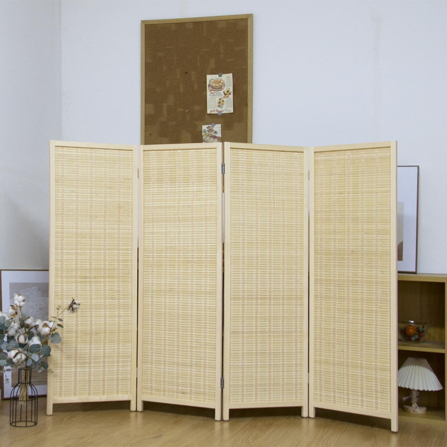 Divisor de 4 paneles cortos de bambú de 3.95 pies de alto, pantalla de privacidad plegable, divisor de panel corto, divisor de habitación independiente para separación de habitación, beige 4