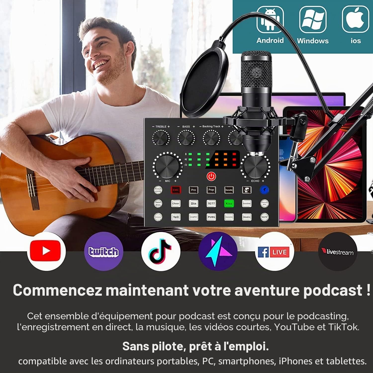 Ensemble d'équipements de podcast, ensemble de microphone de podcast BM800 avec changeur de voix V8s, pack studio d'enregistrement de microphone à condensateur pour podcasting, livestreaming, chanter