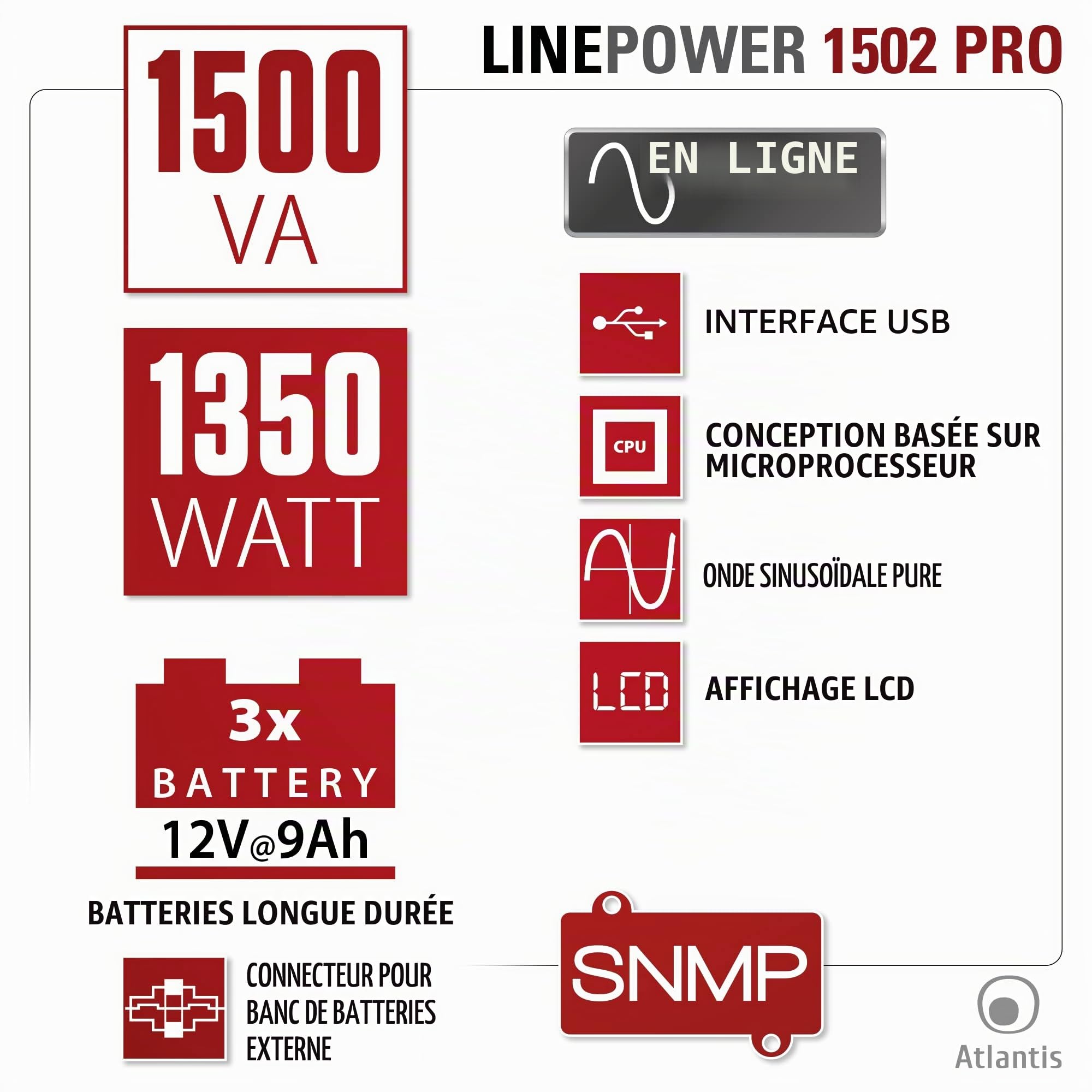 Atlantis A03-OP1502P Pro Onduleur (UPS) Online Double Conversion et Pure sinusoïde avec Une Puissance de 1500VA 1350W, Tour, écran LCD, USB, RS-232 série, 4 Sorties IEC, Slot SNMP, 3x12V-9Ah