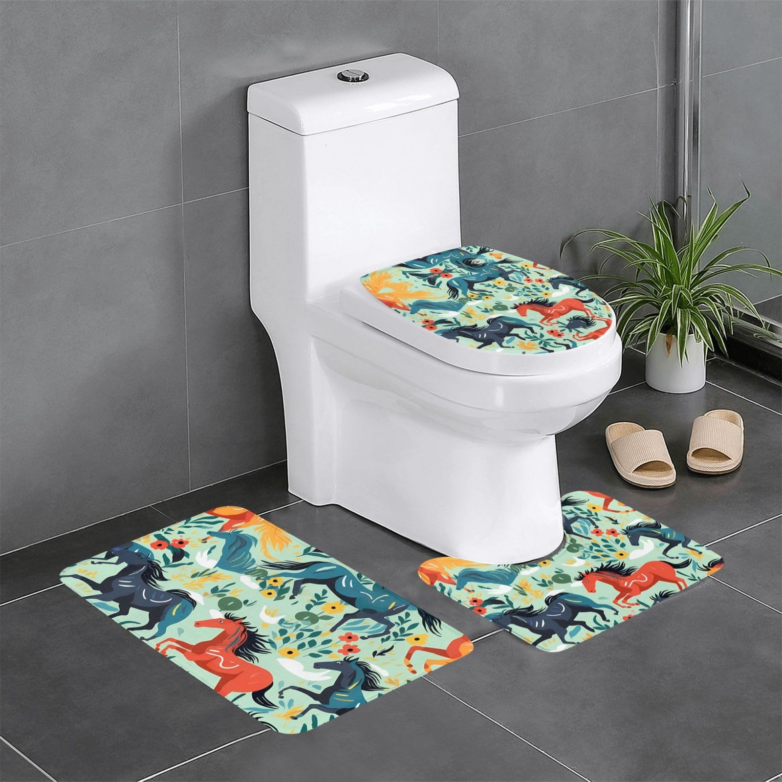 Tapis de salle de bain antidérapant lot de 3 fini les glissades motif chevaux sauvages WC