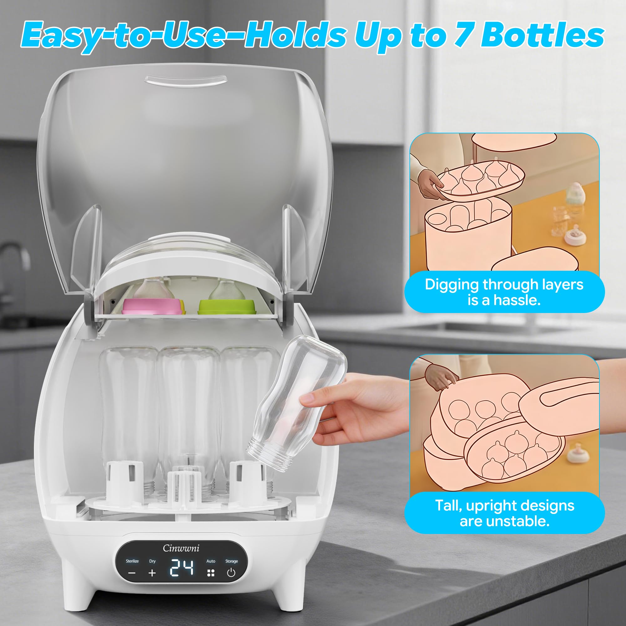 Esterilizador y secado de biberones, capacidad para 7 biberones, tetinas, accesorios, diseño de ahorro de espacio, filtro de aire