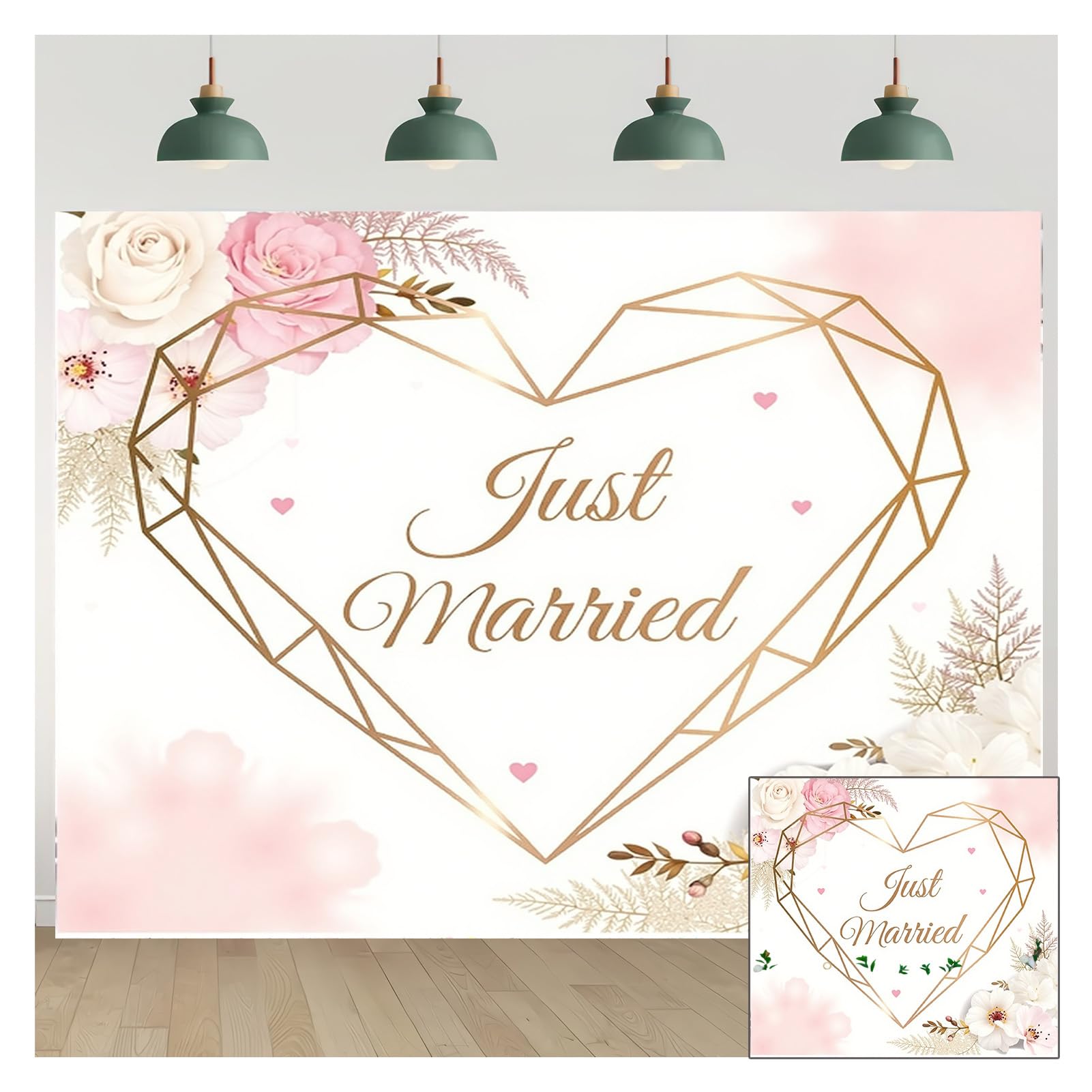 Fotohintergründe mit Aufschrift "Just Married", 238,8 x 180,3 cm, Polyesterstoff, das Herz der Ehe, Hochzeitsdekorationen, Fotohintergrund, Herz, Fotoshooting, Dekoration, Requisiten