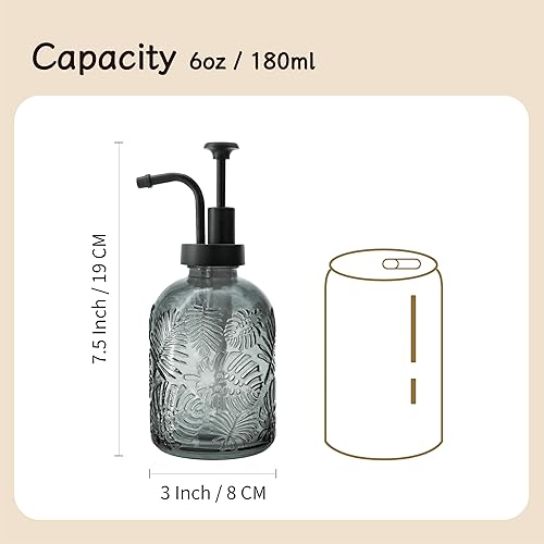 Miniatura 5 de Dispensador de jabón de vidrio con bomba, patrón de hojas tropicales vintage de 12 onzas, vidrio grueso y plástico, accesorio de baño o cocina de