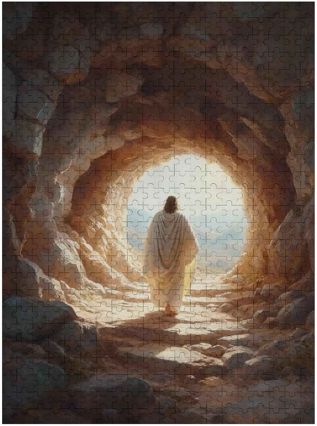 Easter Resurrection Illustration 1000 Piece Wooden Jigsaw Puzzle, Jesus Walking from The Tomb in a Sacred Sunrise Scene, Calm Adult Jigsaw Gift