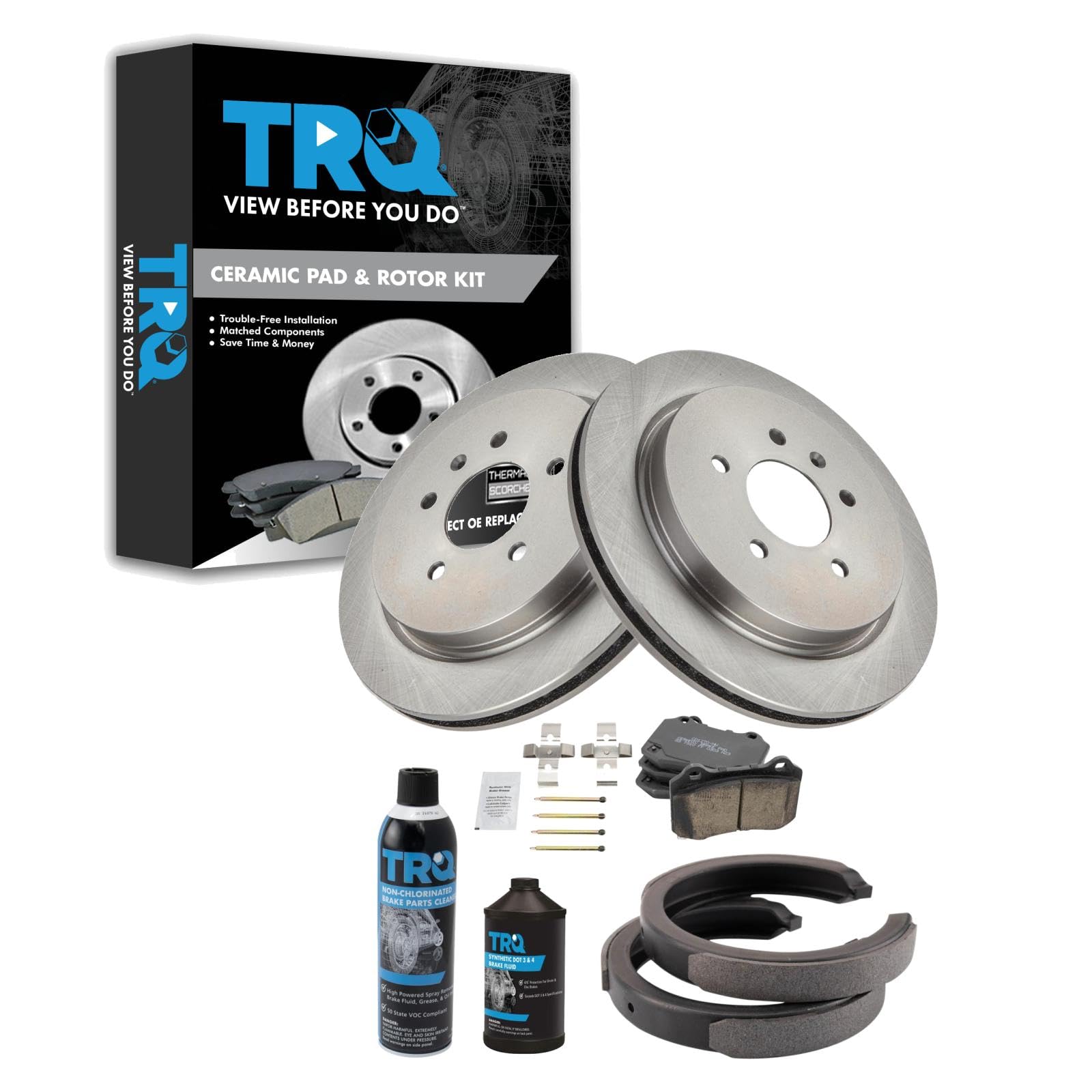TRQ Rear Brake Pad &amp; Rotor Kit, with Chemical Kit Parking Brake Shoe Set Ceramic Compatible with 2005-2008 Cadillac STS