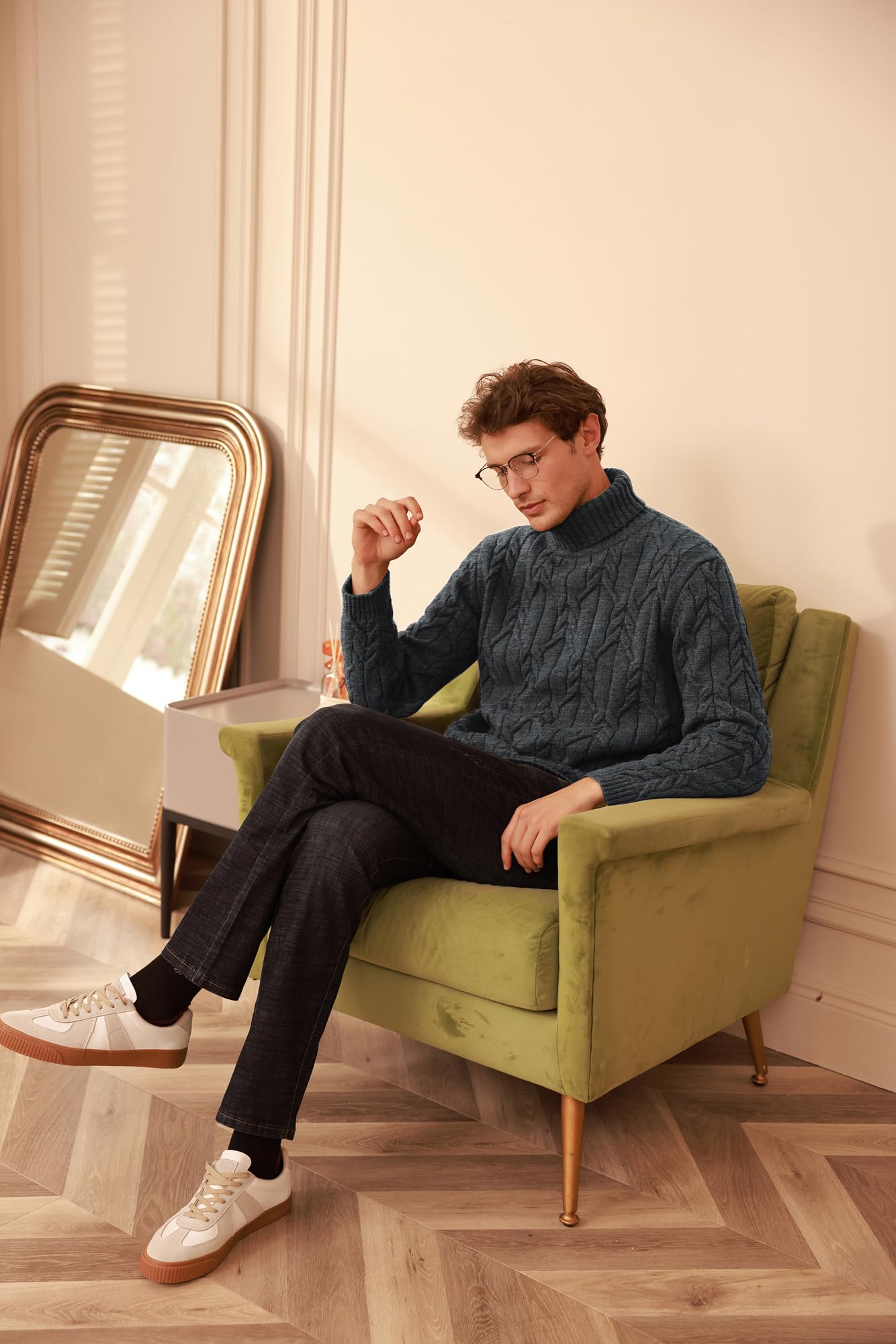 GRACE KARIN Suéter de cuello alto para hombre, manga larga, suéter de punto trenzado, ajuste delgado, cuello alto