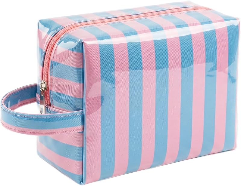 Necessaire transparente LETGO com zíper, PVC, listras rosa e azul, 19,5 x 10,5 x 12,5 cm, 1 unidade