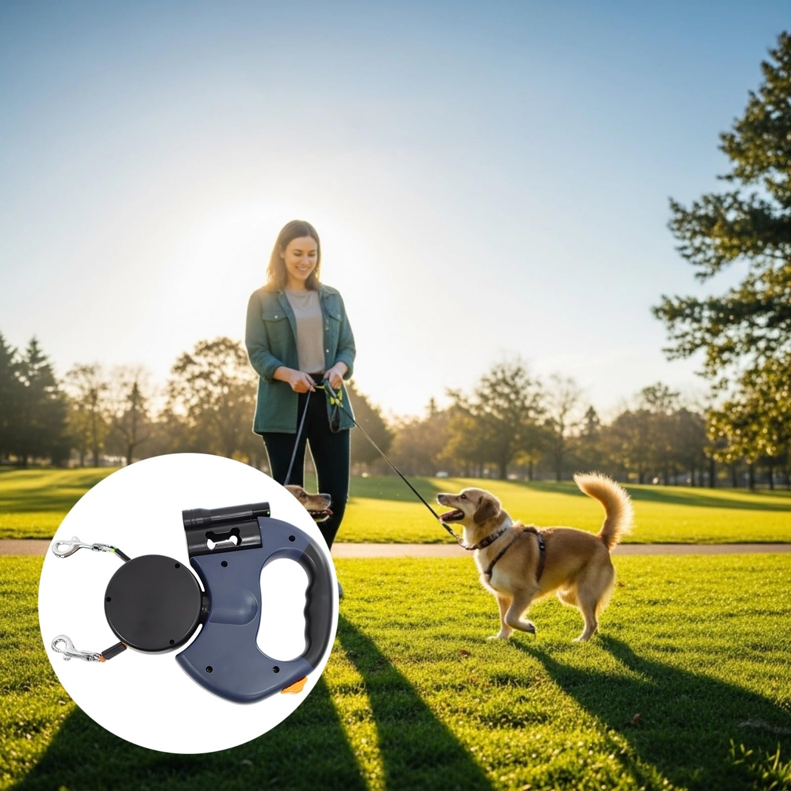 Ausziehbare Doppelleine für Hunde, 3 m / 9,8 ft ohne Verheddern, ergonomischer Griff, Einhandbedienung, tragbare Hundeleine für Zwei kleine bis mittelgroße Hunde