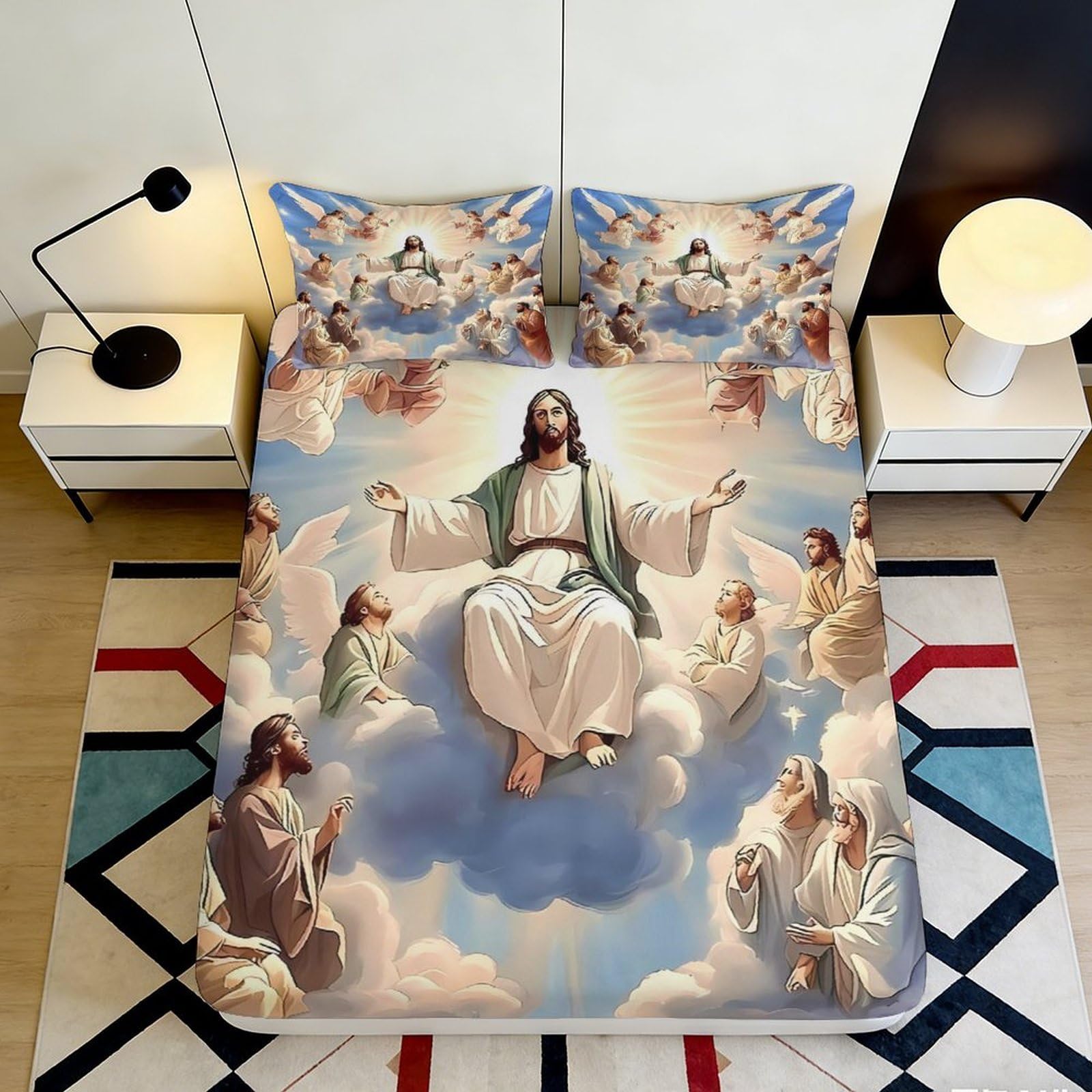 3D Printed Jesus Ascension Fitted Sheet Microfiber Soft Breathable Angel Mattress Cover for Bedroom Dorm Decor 90x200x25cm