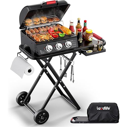 Laudlife 3-Burner Portable Gas Grill with 30,000 BTU, 320 SQ.IN Detachable Propane Grills, Non-Stick Porcelain Grate, Built-in Thermometer, Quick-Fold Design for Camping, Tailgating & Outdoor BBQ