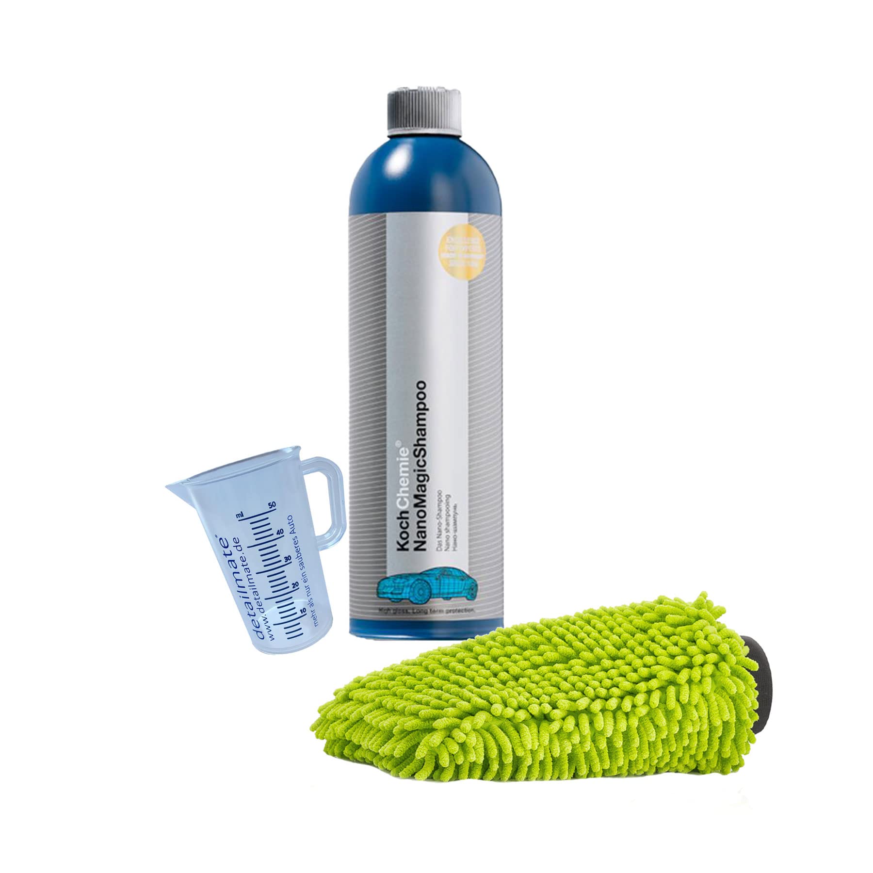 detailmate - Set di biancheria per auto, Koch Chemie Nano Shampoo 750 ml + guanto in ciniglia + misurino graduato di alta qualità da 50 ml