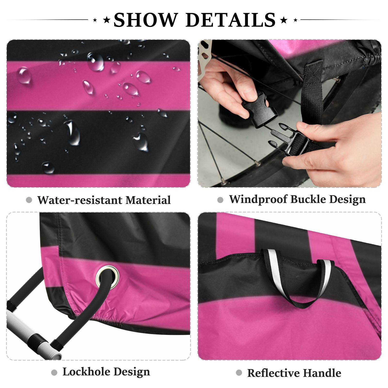 Housse de vélo imperméable avec trous de verrouillage - Résistante aux UV - Pour intérieur et extérieur - Compatible avec la plupart des accessoires de vélo - Noir et rose