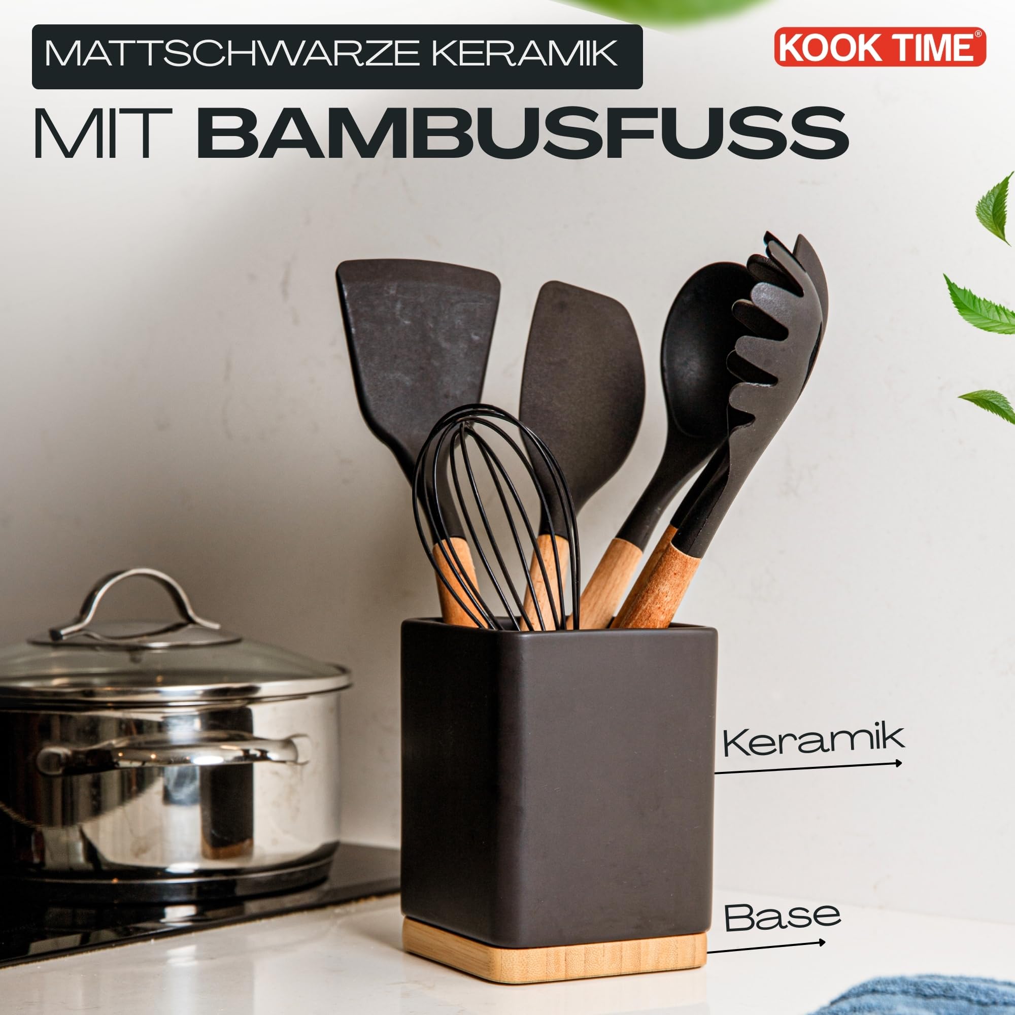 Küchenutensilienhalter - Utensilienhalter küche aus keramik und Bambus - Quadratischer küchenhelfer aufbewahrung - Schwarz - 10,5 x 10,5 x 15 cm