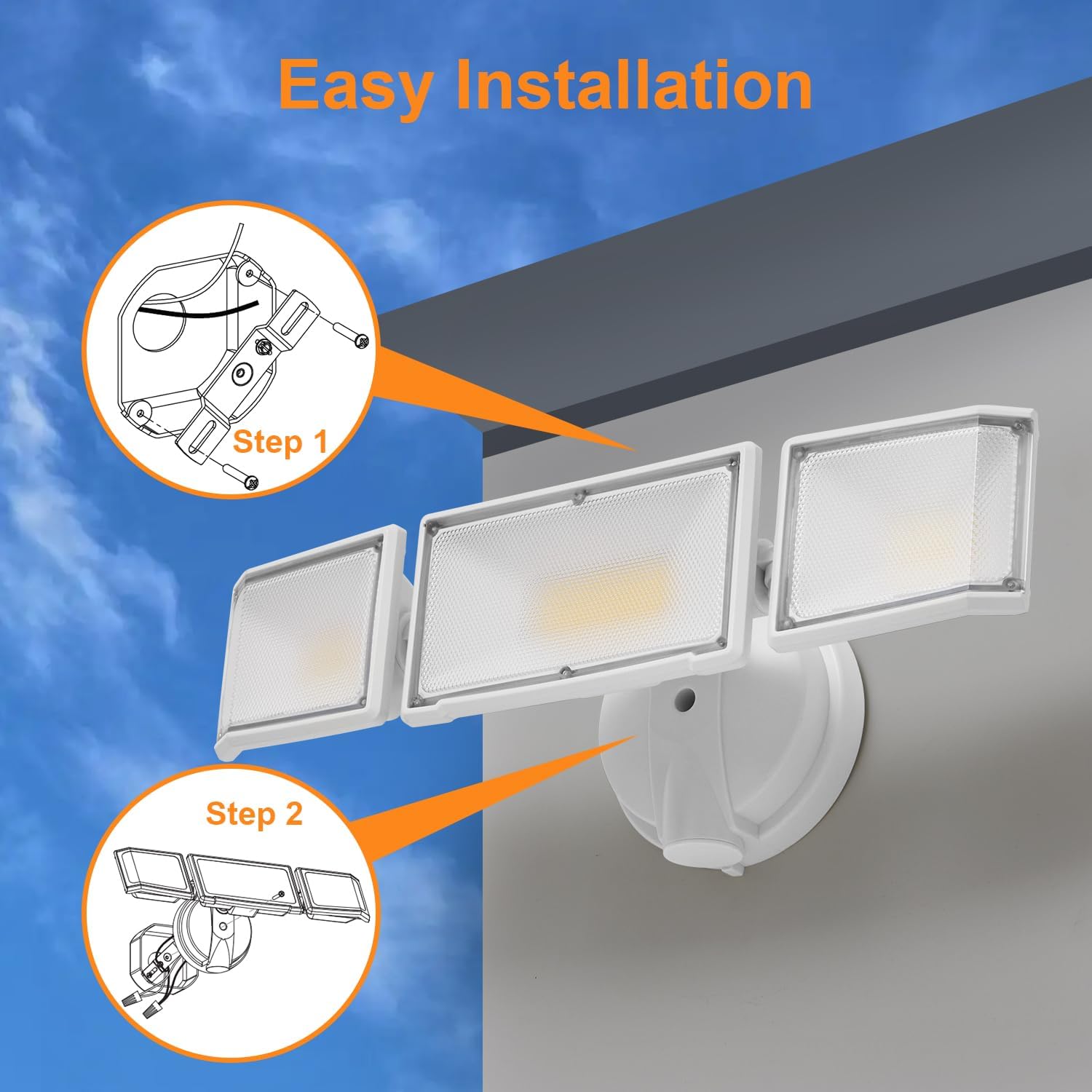 50W LED Flood Light Outdoor, 5500 Lumen Super Bright Exterior Security Lights, 3000K/5000K Light, IP65 Waterproof Wall/Eave Mount Flood Light 3 Adjustable Heads for Garage, Yard (White)