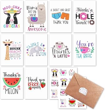 40 Pack Funny Thank You Cards with Envelopes & Stickers - Cute Animals Pun Note Cards Design for Business Friends Teachers Employee Boss Coworkers Appreciation4x6 Inches Per Card