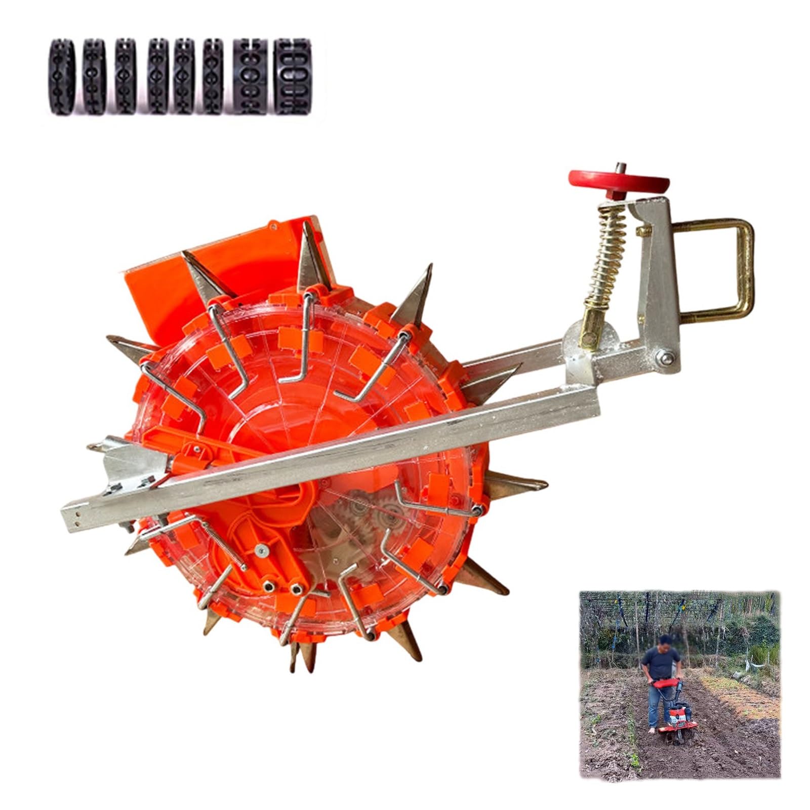 Seminatrice per Trattore, Seminatrice a Righe con Attacco a 3 Punti e 8 Dischi di Semina, Interfila e profondità Regolabili, per Soia, Mais, Arachidi, Cotone, Grano, Sorgo