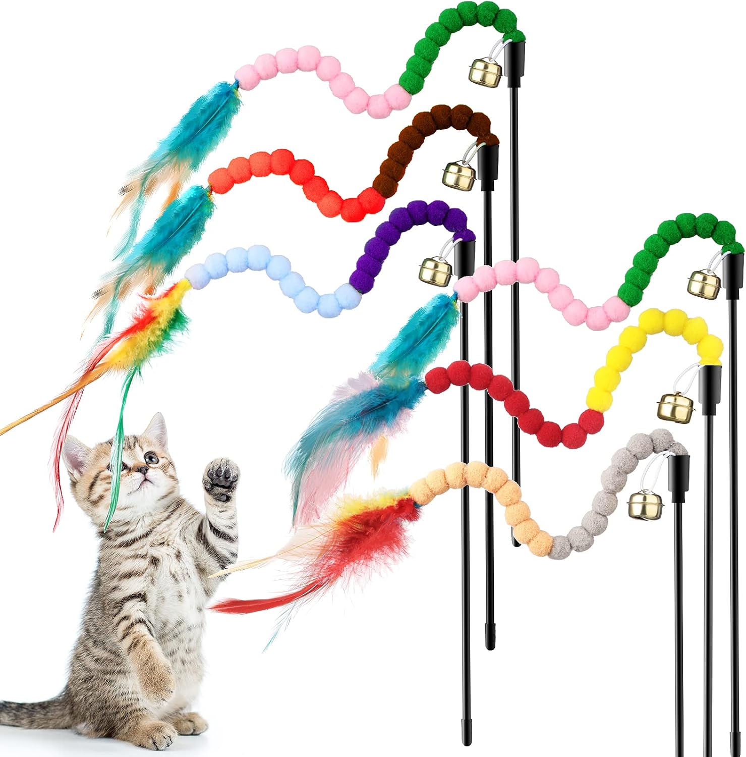 6 Pieces Cat Wand Interactive Cat Wand Toys with Feather and Bell Safe Pet Catcher Teaser Stick Toy Colorful and Sounding Rainbow Wand…