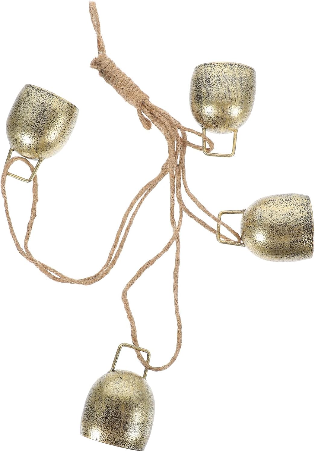 Vintage Rustic Hanging Metal Cow Bells with Rope, Set of 4 Decorative Bells for Christmas and Home Décor, Weathered Metal Cowbell Ornament for Rustic Style Hanging Accents