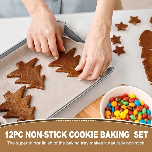 Miniatura 7 de Juego de 12 bandejas para hornear, antiadherentes, de acero inoxidable, bandeja para hornear y bandeja para horno, tamaño 16 x 12 x 1 pulgada, no